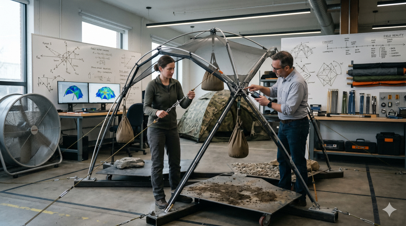Tent structure testing in a design lab showing how shelter architecture is evaluated through load paths, pole geometry, and engineering analysis